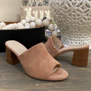 Cole Haan Sanded Pink Suede Slip On with Toe cut out and Wooden Heel. Like New